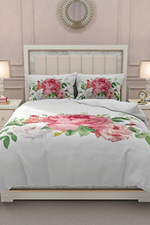 Lastikli Çarşaflı %100 Pamuk Saten Çift Kişilik Nevresim Takımı New Floral