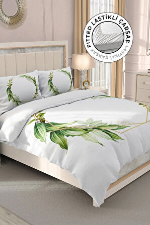 Lastikli Çarşaflı %100 Pamuk Saten Çift Kişilik Nevresim Takımı Sarmaşık