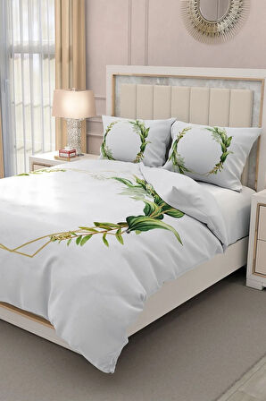 Lastikli Çarşaflı %100 Pamuk Saten Çift Kişilik Nevresim Takımı Sarmaşık