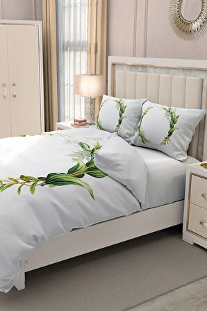 Lastikli Çarşaflı %100 Pamuk Saten Çift Kişilik Nevresim Takımı Sarmaşık