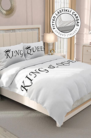 Lastikli Çarşaflı %100 Pamuk Saten Çift Kişilik Nevresim Takımı White King-queen