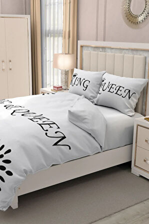 Lastikli Çarşaflı %100 Pamuk Saten Çift Kişilik Nevresim Takımı White King-queen