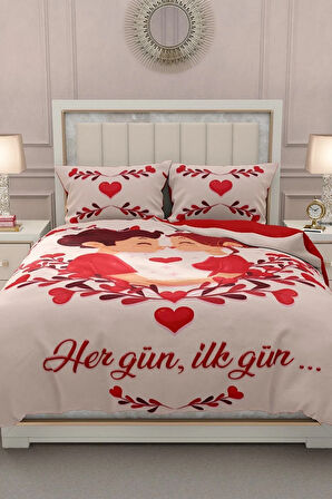 Sevgililer Günü Lastikli Çarşaflı %100 Pamuk Saten Çift Kişilik Nevresim Takımı Ilk Aşk