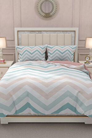 Lastikli Çarşaflı %100 Pamuk Saten Çift Kişilik Nevresim Takımı Zigzag