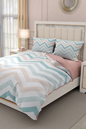 Lastikli Çarşaflı %100 Pamuk Saten Çift Kişilik Nevresim Takımı Zigzag
