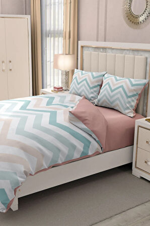 Lastikli Çarşaflı %100 Pamuk Saten Çift Kişilik Nevresim Takımı Zigzag