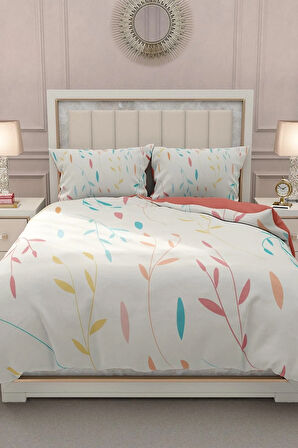 Lastikli Çarşaflı %100 Pamuk Saten Çift Kişilik Nevresim Takımı Yaprak