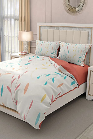 Lastikli Çarşaflı %100 Pamuk Saten Çift Kişilik Nevresim Takımı Yaprak