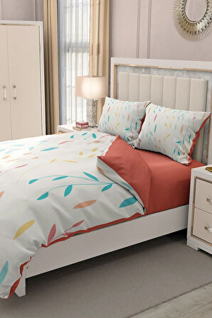 Lastikli Çarşaflı %100 Pamuk Saten Çift Kişilik Nevresim Takımı Yaprak