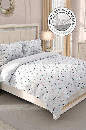 Lastikli Çarşaflı %100 Pamuk Saten Çift Kişilik Nevresim Takımı Terrazzo