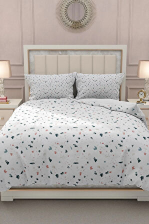 Lastikli Çarşaflı %100 Pamuk Saten Çift Kişilik Nevresim Takımı Terrazzo