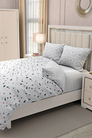 Lastikli Çarşaflı %100 Pamuk Saten Çift Kişilik Nevresim Takımı Terrazzo