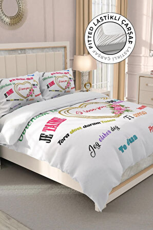 Lastikli Çarşaflı %100 Pamuk Saten Çift Kişilik Nevresim Takımı Sevgililer Günü