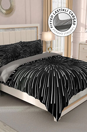 Lastikli Çarşaflı %100 Pamuk Saten Çift Kişilik Nevresim Takımı Galaxy Star