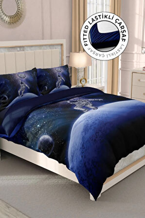 Lastikli Çarşaflı %100 Pamuk Saten Çift Kişilik Nevresim Takımı Astronot