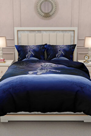 Lastikli Çarşaflı %100 Pamuk Saten Çift Kişilik Nevresim Takımı Astronot