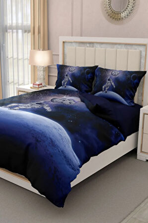 Lastikli Çarşaflı %100 Pamuk Saten Çift Kişilik Nevresim Takımı Astronot