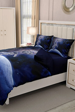 Lastikli Çarşaflı %100 Pamuk Saten Çift Kişilik Nevresim Takımı Astronot