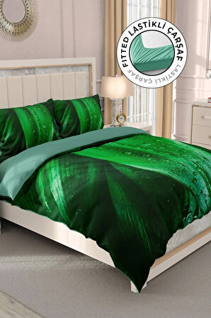 Lastikli Çarşaflı %100 Pamuk Saten Çift Kişilik Nevresim Takımı Drop Leaf