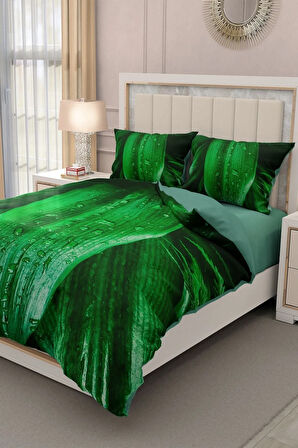 Lastikli Çarşaflı %100 Pamuk Saten Çift Kişilik Nevresim Takımı Drop Leaf