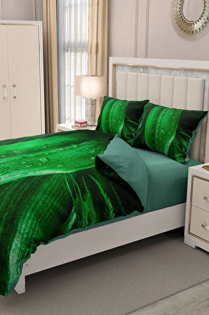 Lastikli Çarşaflı %100 Pamuk Saten Çift Kişilik Nevresim Takımı Drop Leaf