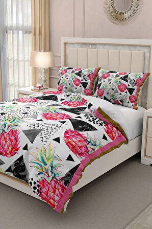 Lastikli Çarşaflı %100 Pamuk Saten Çift Kişilik Nevresim Takımı Pineapple