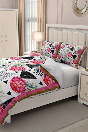 Lastikli Çarşaflı %100 Pamuk Saten Çift Kişilik Nevresim Takımı Pineapple