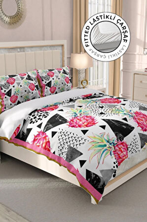 Lastikli Çarşaflı %100 Pamuk Saten Çift Kişilik Nevresim Takımı Pineapple