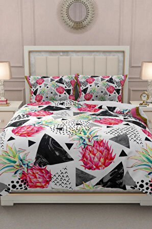 Lastikli Çarşaflı %100 Pamuk Saten Çift Kişilik Nevresim Takımı Pineapple