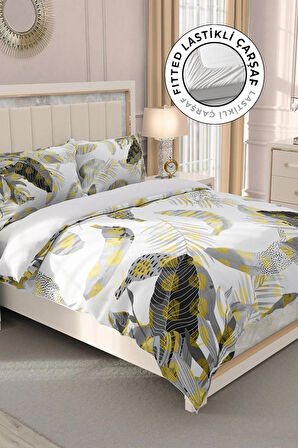 Lastikli Çarşaflı %100 Pamuk Saten Çift Kişilik Nevresim Takımı Tropik Banana