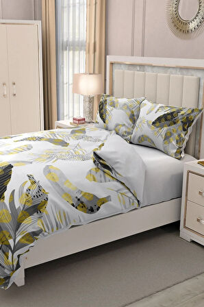 Lastikli Çarşaflı %100 Pamuk Saten Çift Kişilik Nevresim Takımı Tropik Banana