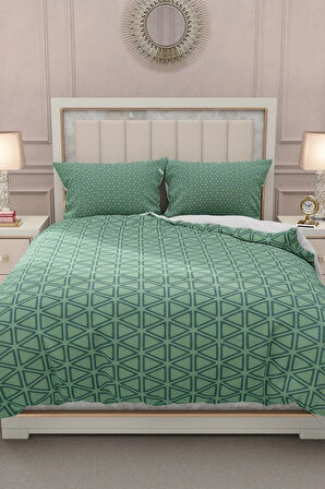 Lastikli Çarşaflı %100 Pamuk Saten Çift Kişilik Nevresim Takımı Green Pattern