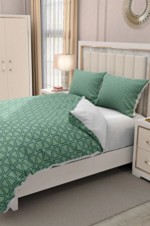 Lastikli Çarşaflı %100 Pamuk Saten Çift Kişilik Nevresim Takımı Green Pattern
