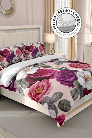 Lastikli Çarşaflı %100 Pamuk Saten Çift Kişilik Nevresim Takımı Flower Dream