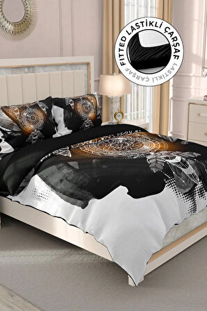 Lastikli Çarşaflı %100 Pamuk Saten Çift Kişilik Nevresim Takımı Dream Feather