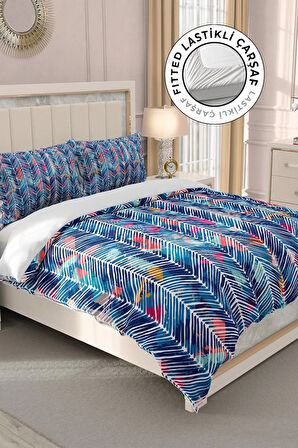Lastikli Çarşaflı %100 Pamuk Saten Çift Kişilik Nevresim Takımı Blue Pattern