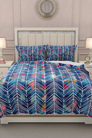Lastikli Çarşaflı %100 Pamuk Saten Çift Kişilik Nevresim Takımı Blue Pattern