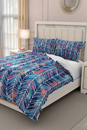 Lastikli Çarşaflı %100 Pamuk Saten Çift Kişilik Nevresim Takımı Blue Pattern
