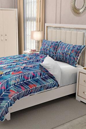 Lastikli Çarşaflı %100 Pamuk Saten Çift Kişilik Nevresim Takımı Blue Pattern