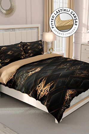 Lastikli Çarşaflı %100 Pamuk Saten Çift Kişilik Nevresim Takımı Brown Suite
