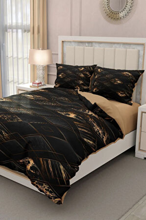 Lastikli Çarşaflı %100 Pamuk Saten Çift Kişilik Nevresim Takımı Brown Suite