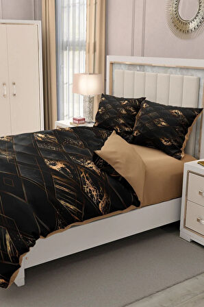 Lastikli Çarşaflı %100 Pamuk Saten Çift Kişilik Nevresim Takımı Brown Suite