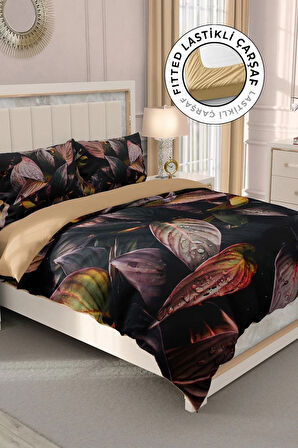 Lastikli Çarşaflı %100 Pamuk Saten Çift Kişilik Nevresim Takımı Güz Yaprakları