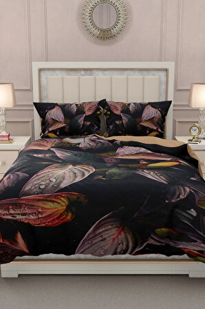 Lastikli Çarşaflı %100 Pamuk Saten Çift Kişilik Nevresim Takımı Güz Yaprakları