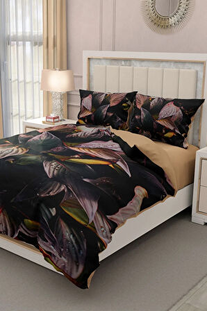 Lastikli Çarşaflı %100 Pamuk Saten Çift Kişilik Nevresim Takımı Güz Yaprakları