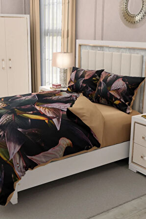 Lastikli Çarşaflı %100 Pamuk Saten Çift Kişilik Nevresim Takımı Güz Yaprakları