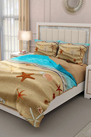 Lastikli Çarşaflı %100 Pamuk Saten Çift Kişilik Nevresim Takımı Beach Stars