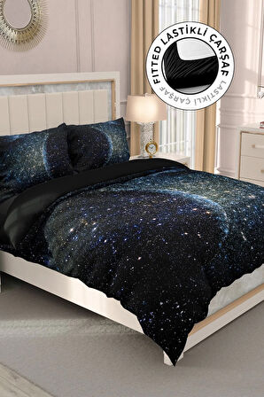 Lastikli Çarşaflı %100 Pamuk Saten Çift Kişilik Nevresim Takımı Star Moon