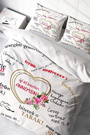 Anneler Günü Çift Kişilik Nevresim Takımı Özel Dokuma Pamuk Saten Iyi Ki Benim Annemsin