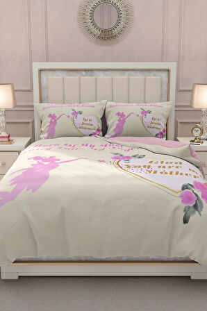 Lastikli Çarşaflı %100 Pamuk Saten Çift Kişilik Nevresim Takımı Anneler Günü Benim Melek Annem